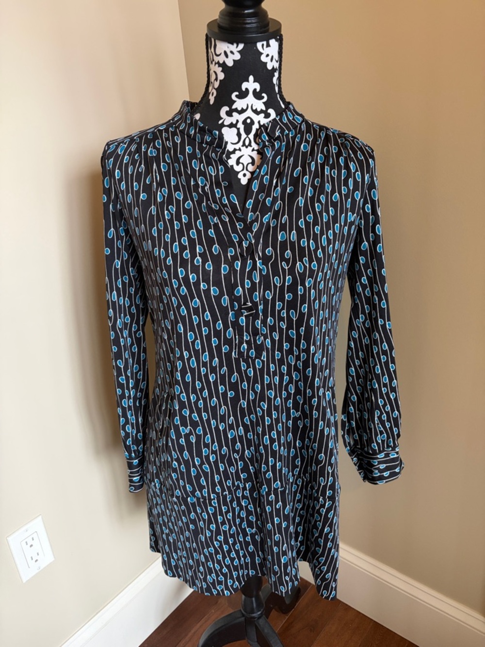 Diane Von Furstenberg Black Midi Dress with Blue Dot Stripe Print